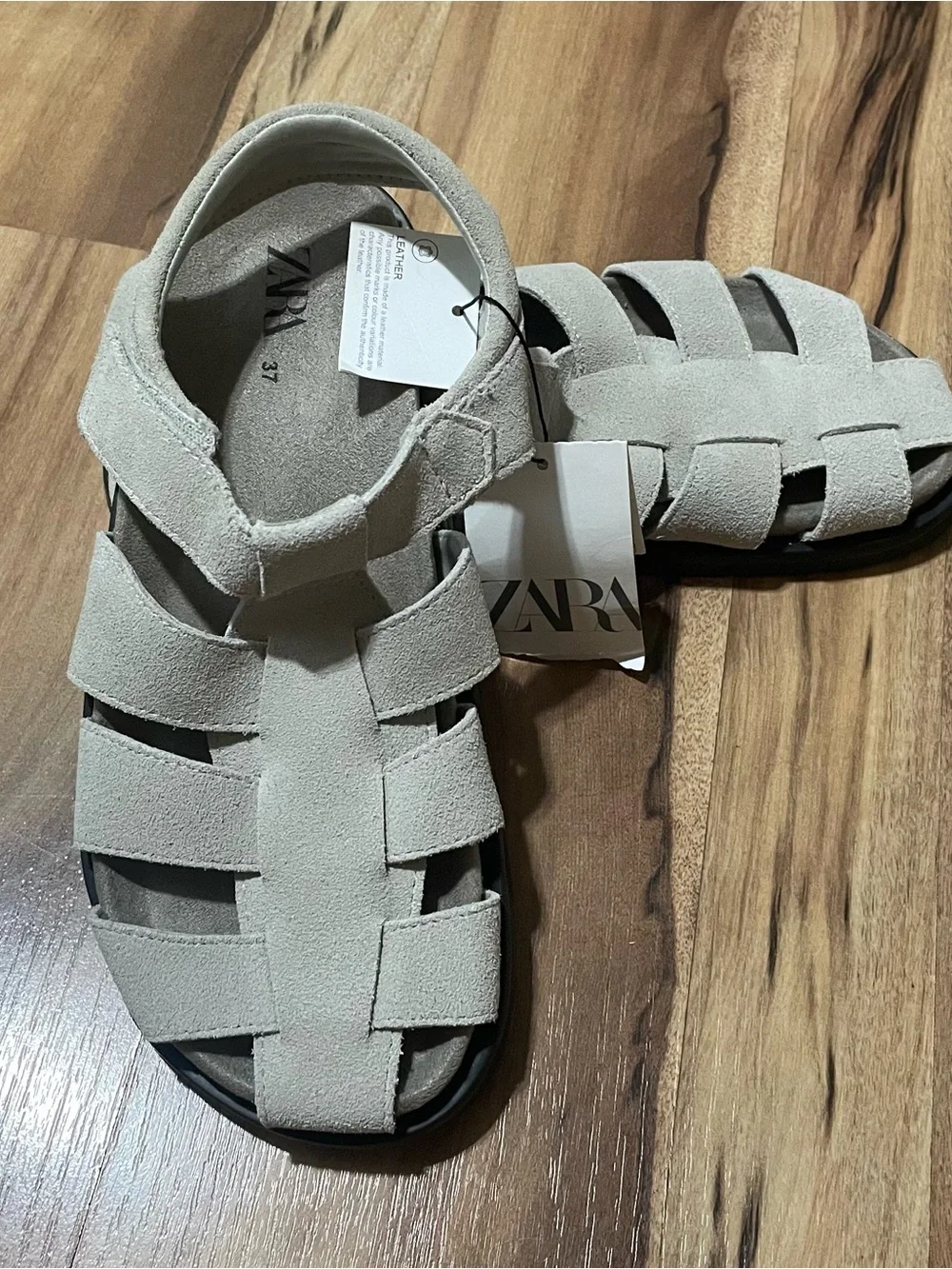 NWT Zara Split Suede Leather Fisherman Sandals Gray Women’s Size 37 (6.5) - Picture 2 of 8